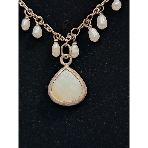 Peyote Bird Teardrop Moonstone Pearls Silver Chain Leather Cord Necklace 19" NWT - Picture 3 of 8